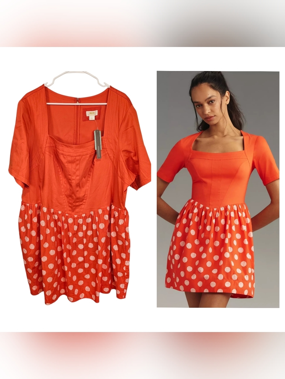 Maeve Anthropologie Short Sleeve Polka Dot Square Neck Mini Dress Basque Waist